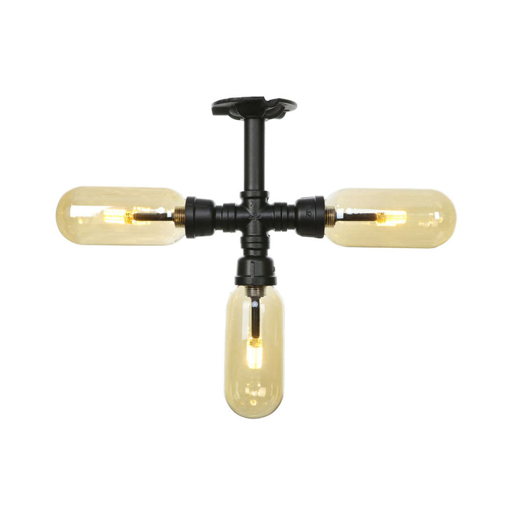 Illuminazione a soffitto nero opaco vetro ambra vintage 3/4 luce ovale semi -filo con design del tubo