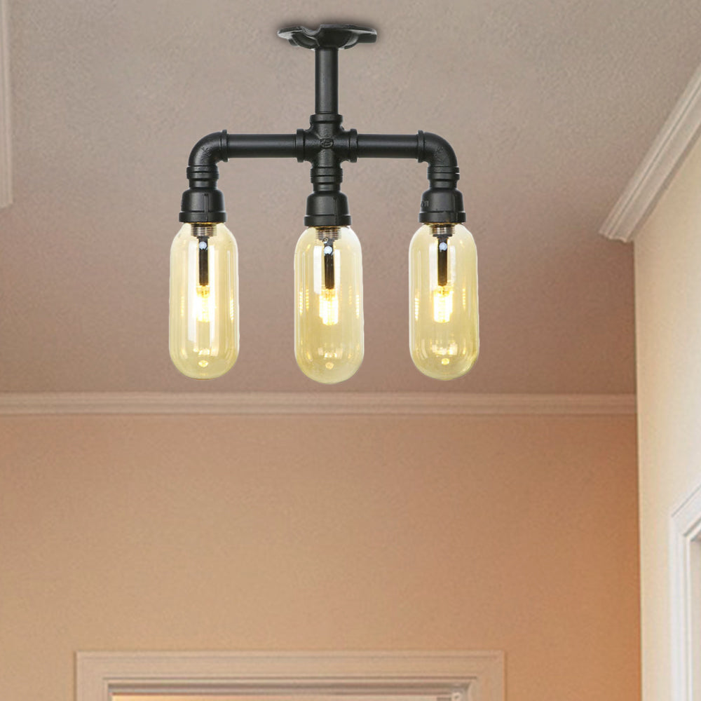 Illuminazione a soffitto nero opaco vetro ambra vintage 3/4 luce ovale semi -filo con design del tubo