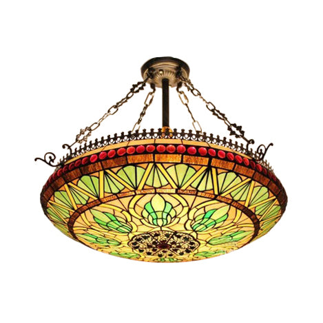Inverted Chandelier Lighting Tiffany 3 Lights Stained Glass Hanging Light in Orange/Green