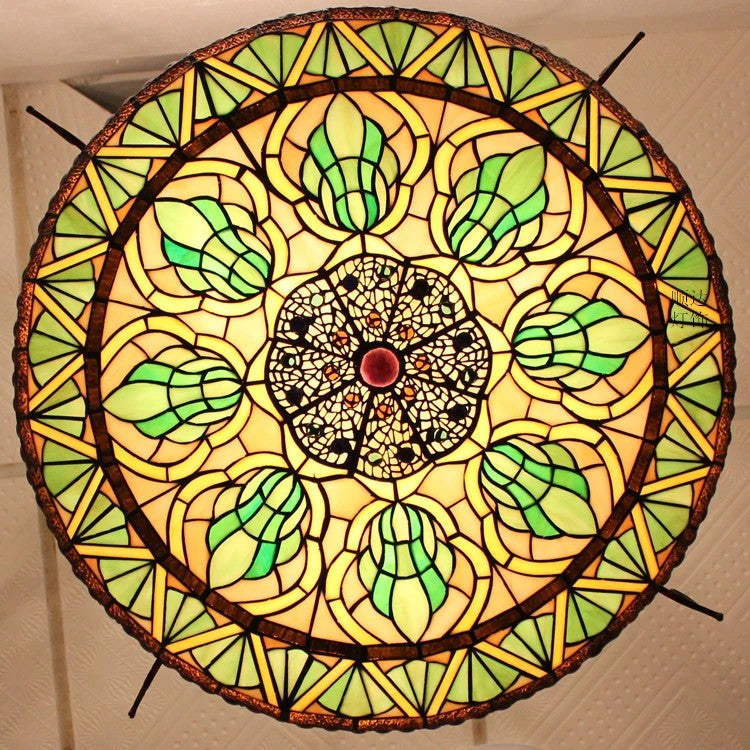 Inverted Chandelier Lighting Tiffany 3 Lights Stained Glass Hanging Light in Orange/Green