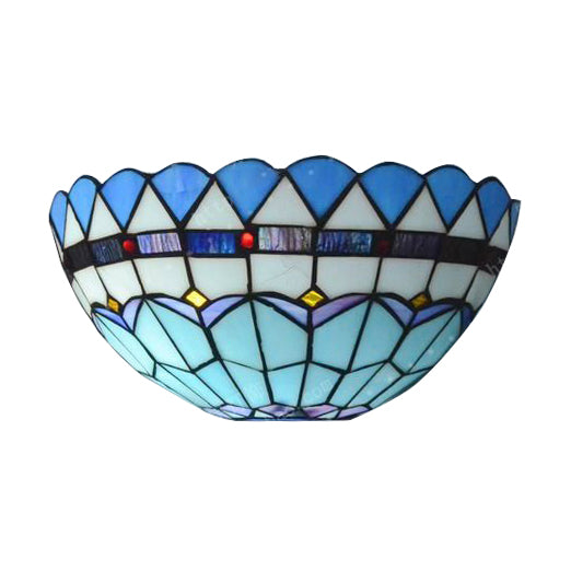 Baroque Bowl Wall Mount Light with/without Pull Chain Stained Glass 1 Light Wall Sconce Lighting in Blue
