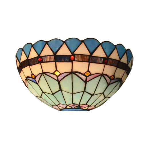 Baroque Bowl Wall Mount Light with/without Pull Chain Stained Glass 1 Light Wall Sconce Lighting in Blue