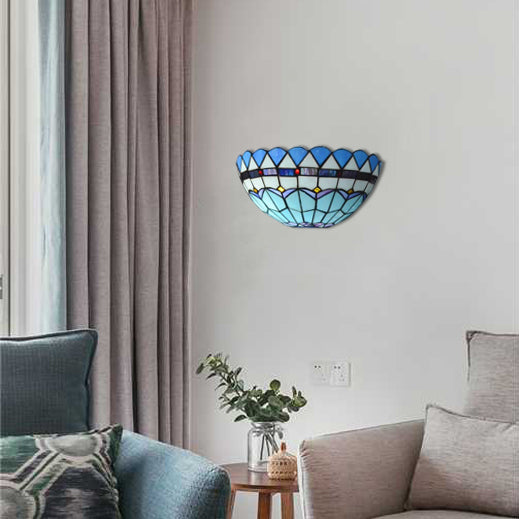Baroque Bowl Wall Mount Light with/without Pull Chain Stained Glass 1 Light Wall Sconce Lighting in Blue