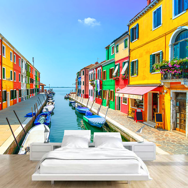 Boat on the Canal Mural Wallpaper Contemporary Water-Proof House Interior Wall Art, Made to Measure