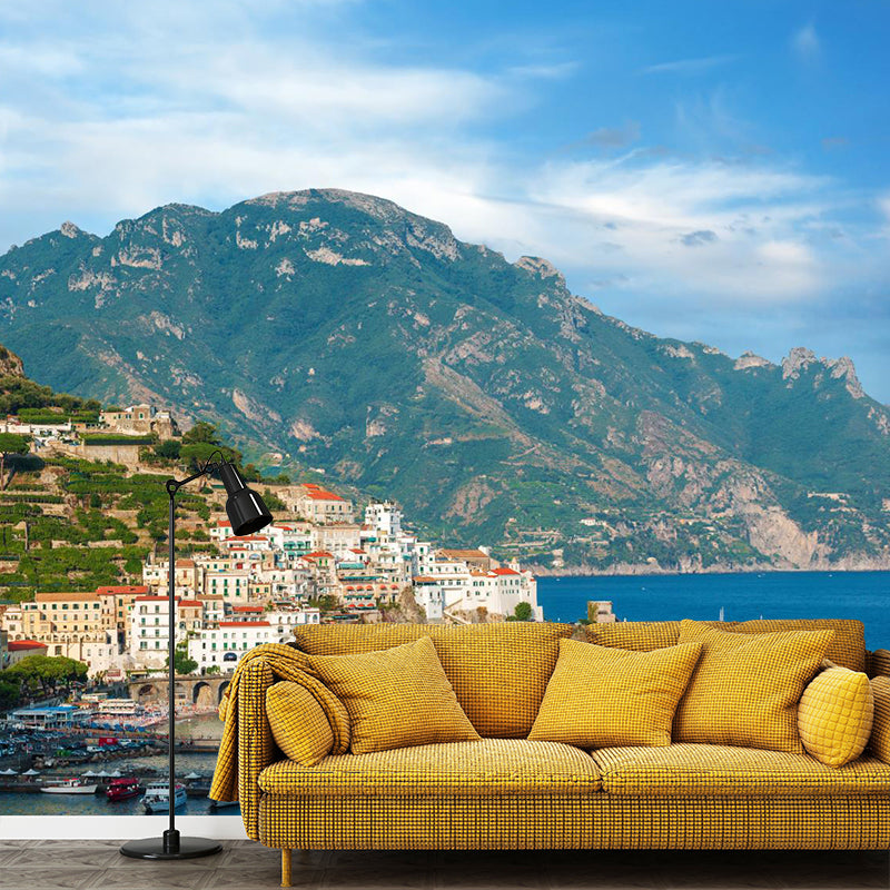 Mediterranean Water City Wall Mural Soft Color Stain-Proof Wall Art for Family Room