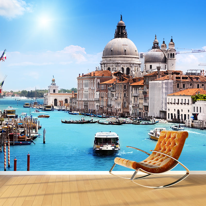 Mediterranean Water City Wall Mural Soft Color Stain-Proof Wall Art for Family Room