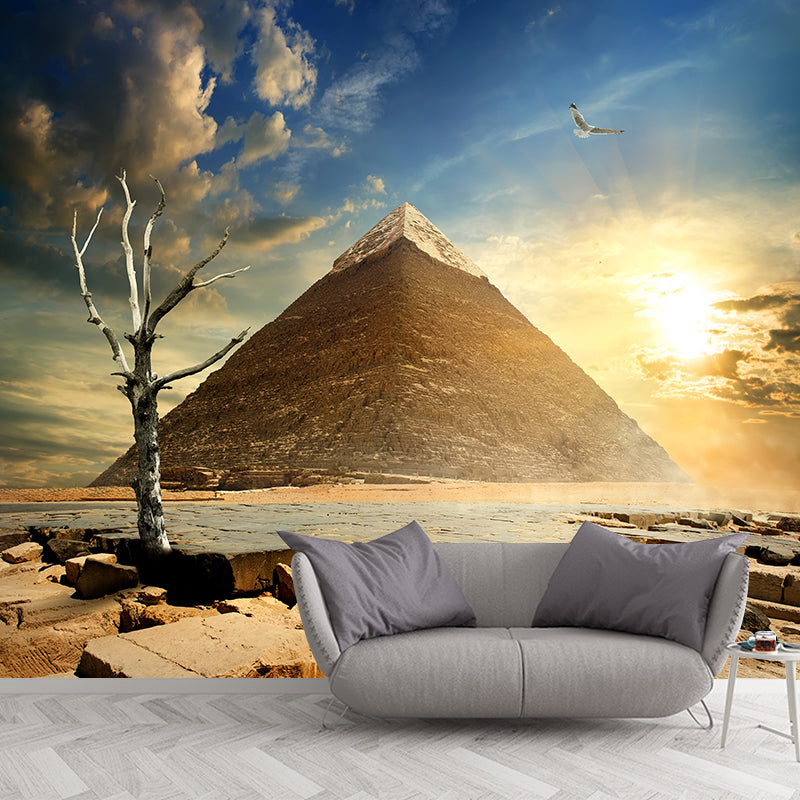 Contemporary Scenery Mural Wallpaper Natural Color Sun over the Pyramid Wall Covering