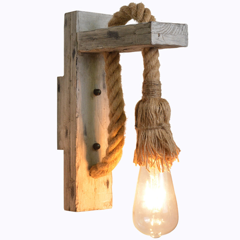 L-Arm Wood Wall Lamp Industrial 1 Head Corridor Wall Lighting Ideas with Rope Cord in Grey