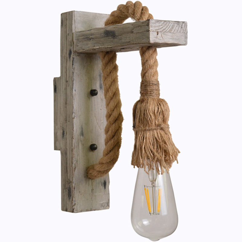 L-Arm Wood Wall Lamp Industrial 1 Head Corridor Wall Lighting Ideas with Rope Cord in Grey