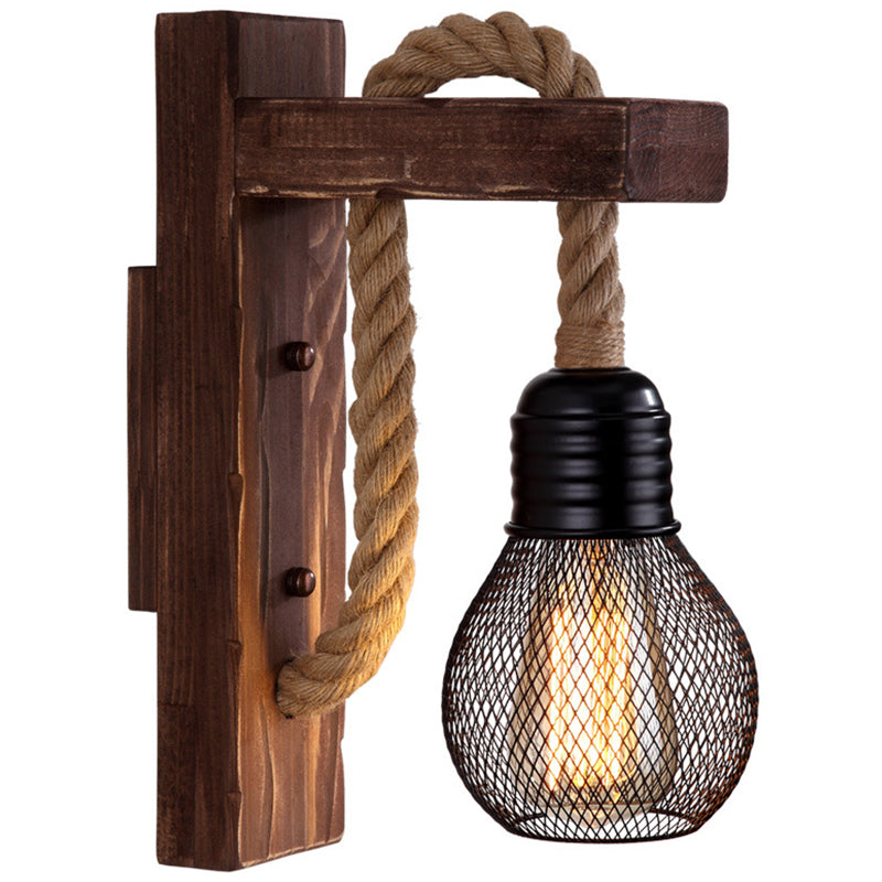 Brown L-Shaped Arm Wall Mount Lighting Rustic Wood 1 Light Dining Room Wall Light Fixture with Hemp Rope Cord