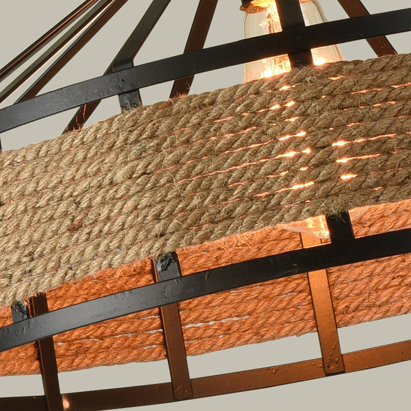 Scheune Metall Hanging Deckenleuchte Antiquled 1 Lampenrestaurant Jute Seilpendant in Schwarz