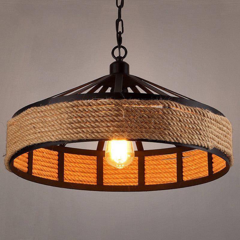 Scheune Metall Hanging Deckenleuchte Antiquled 1 Lampenrestaurant Jute Seilpendant in Schwarz