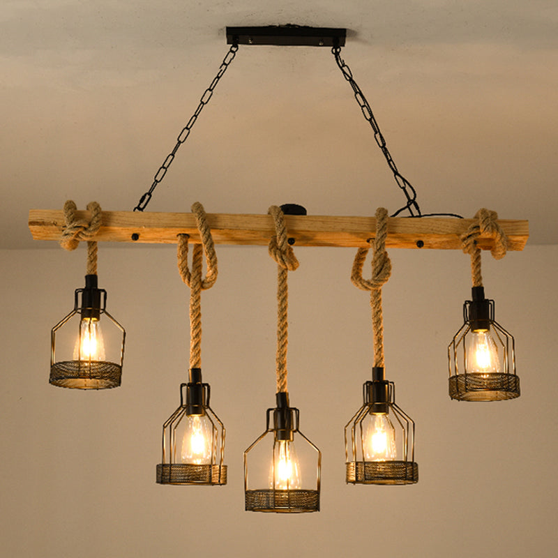 Lampada a ciondolo dell'isola metallica Industriale geometria nera sala da pranzo lampada appesa con cavo di corda di iuta