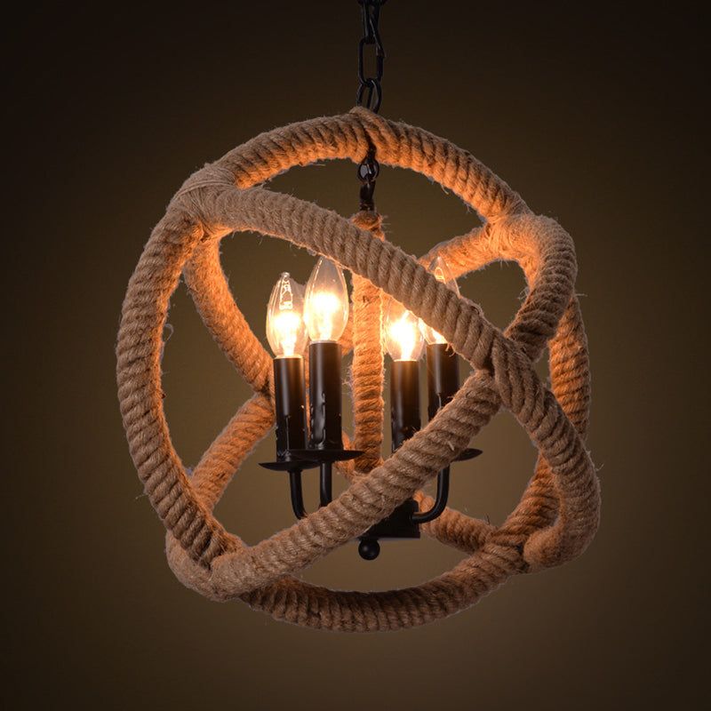 Round Hemp Rope Ceiling Chandelier Farm 4-Light Bedroom Suspension Pendant Light in Beige