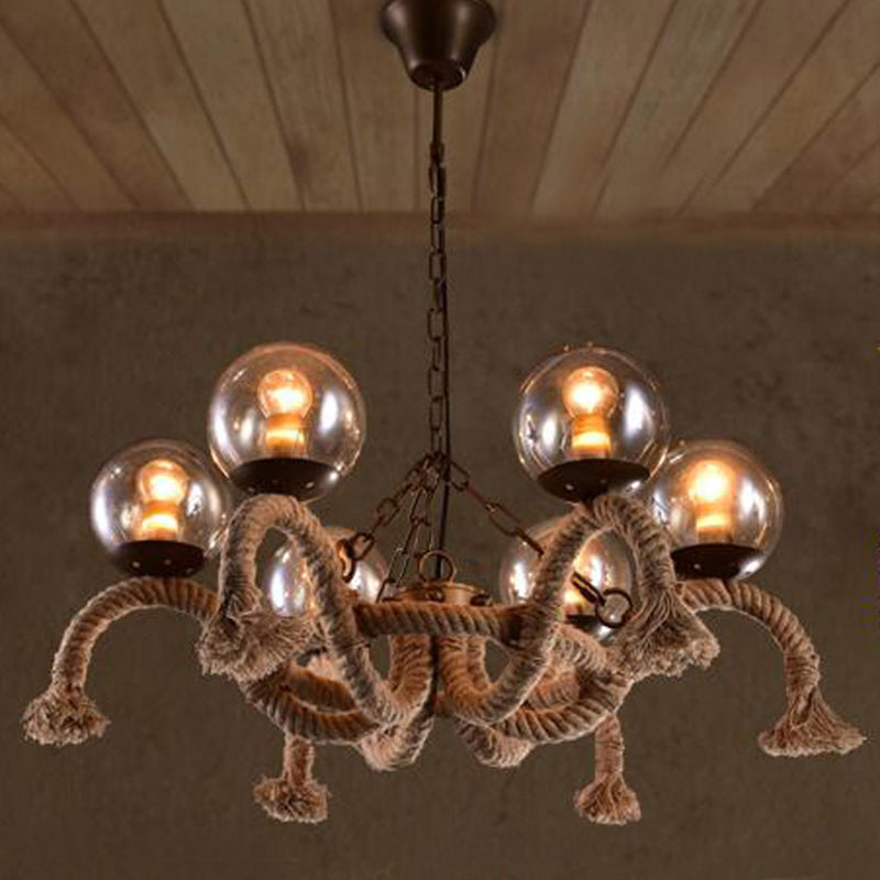 6 Heads Hanging Chandelier Farmhouse Dining Room Rope Pendant Lamp with Orb Smokey Glass Shade in Beige