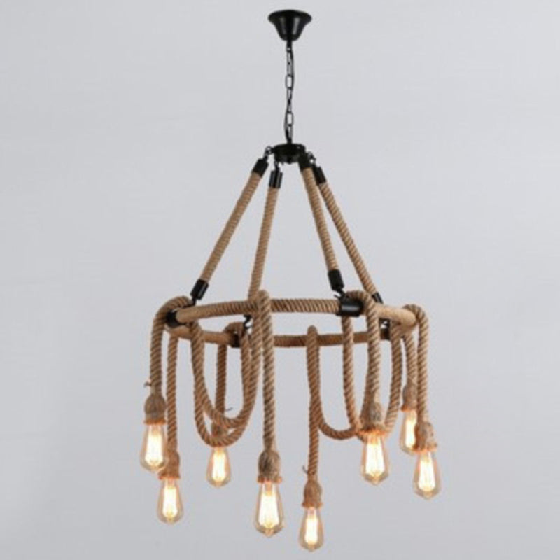 Hemp Rope Exposed Bulb Chandelier Antiqued Restaurant Pendant Light Kit in Beige