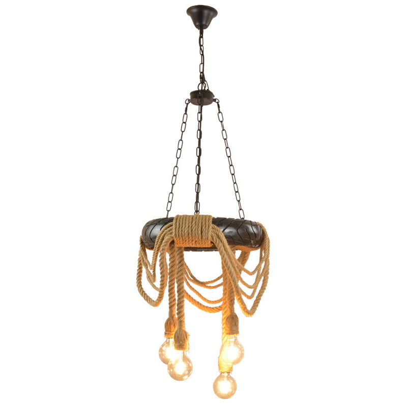 Beige 4 Heads Chandelier Lighting Farmhouse Rubber Tyre Pendant Light Fixture with Open Bulb and Rope Cord Design