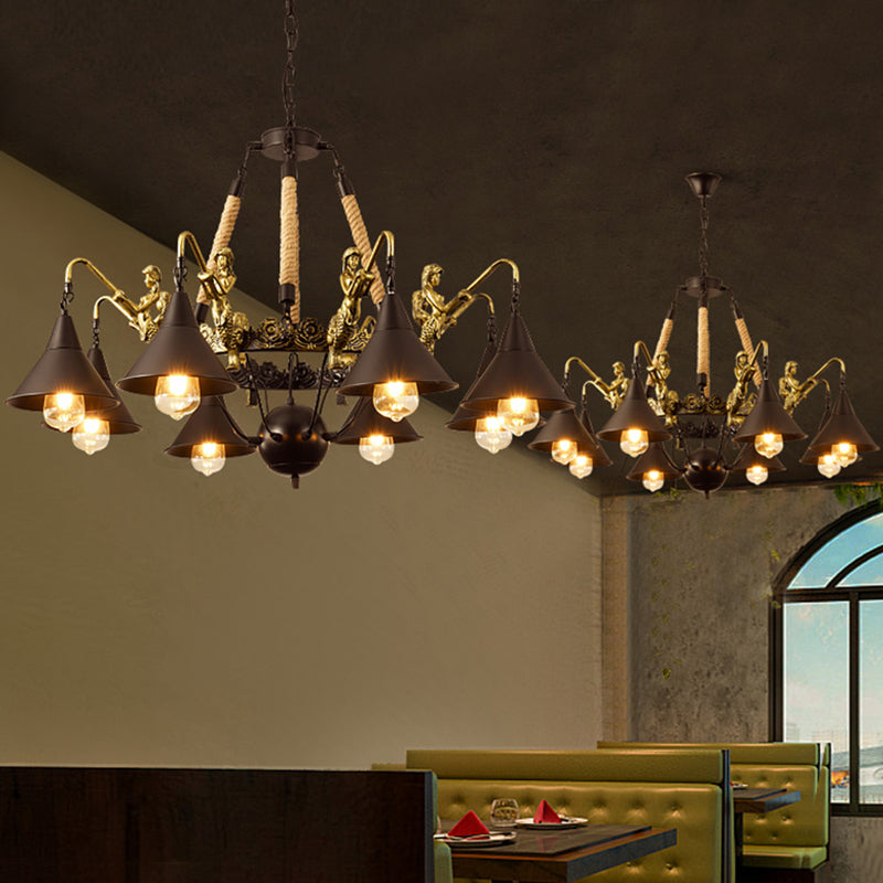 Lámpara de suspensión de metal de araña de colgante cónico de granja con brazo de sirena en negro para sala de estar