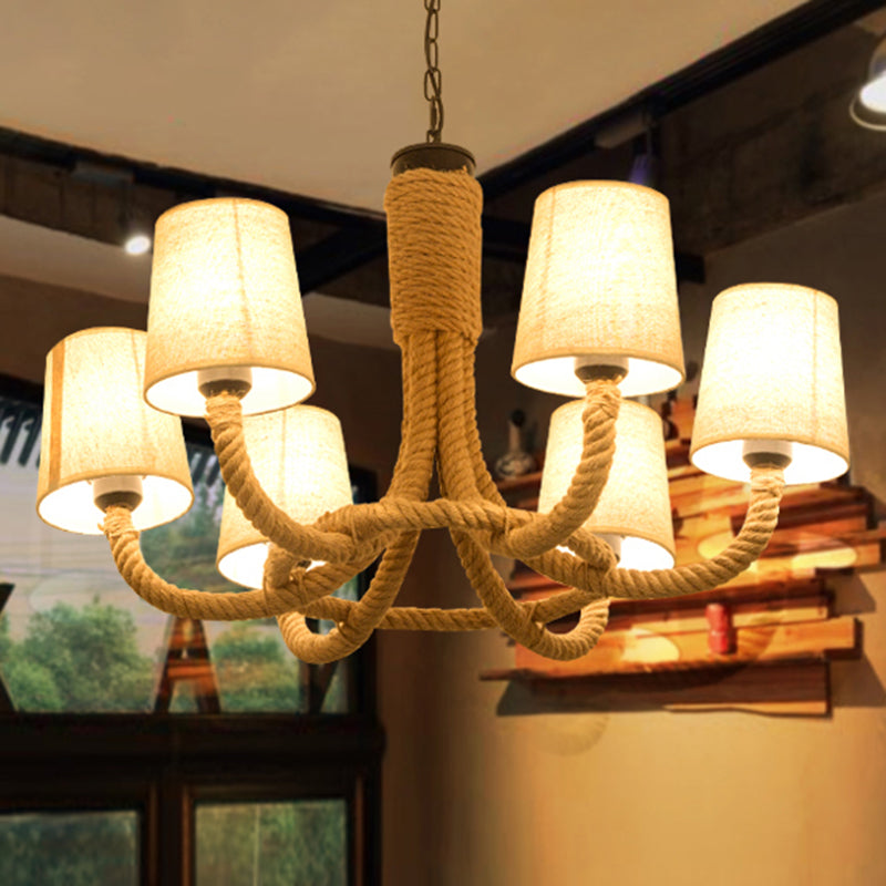 Conical Fabric Hanging Chandelier Rustic 6 Lights Dining Room Rope Ceiling Lamp in Beige