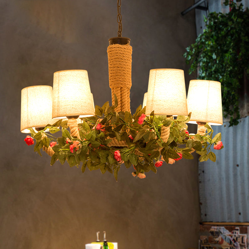 Conical Fabric Hanging Chandelier Rustic 6 Lights Dining Room Rope Ceiling Lamp in Beige