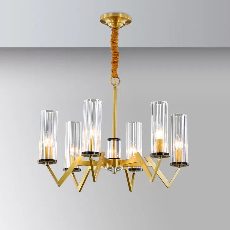 Tube Shade Bedroom Pendant Light Post-Modern Clear Glass Prism 6/8-Bulb Brass Finish Chandelier