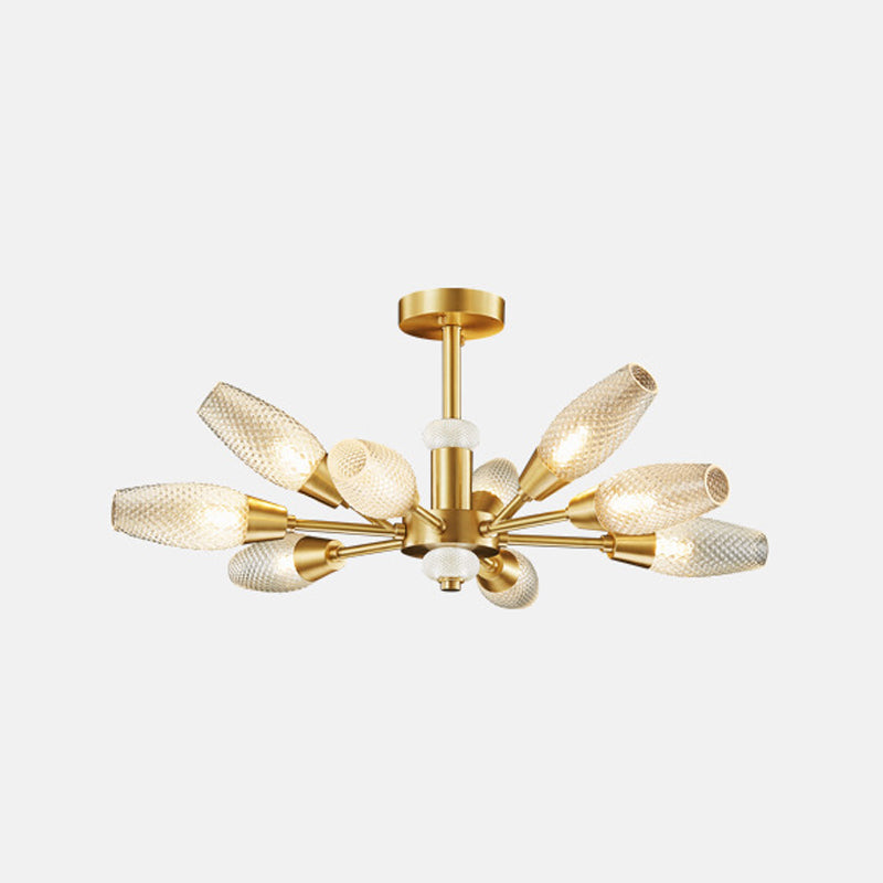 Brass Tulip Hanging Lamp Modern Lattice Glass 9/12/15-Light Living Room Ceiling Chandelier