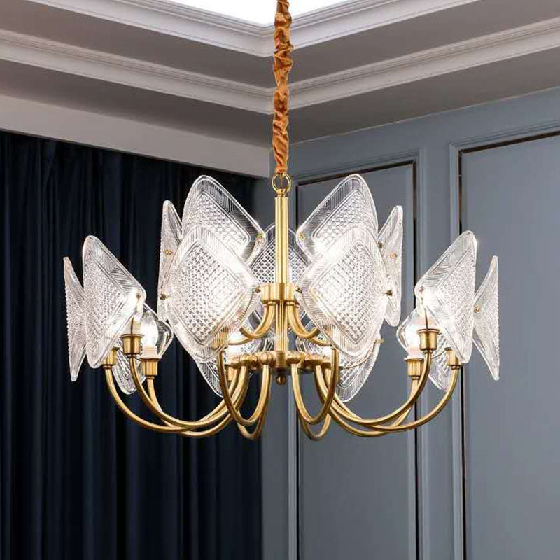 Rombus Sala de estar Candelier de vidrio de cuadrícula posmoderna 15/12/18 Bulbos de latón Suspension Luz de colgante