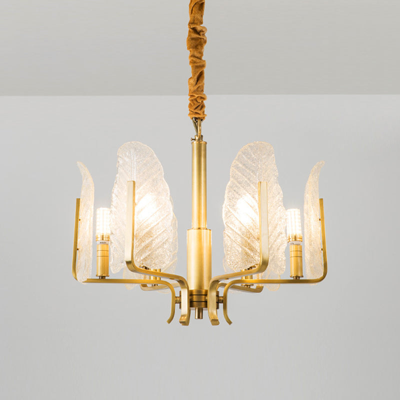 6/8/10-Head Leaf Chandelier Lamp Postmodern Brass Textured Glass Pendant Light Fixture