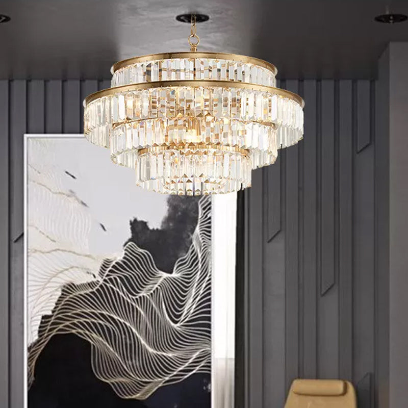 Prismatic Crystal Tiered Chandelier Modern Style 15-Bulb Dining Room Ceiling Hang Light in Gold