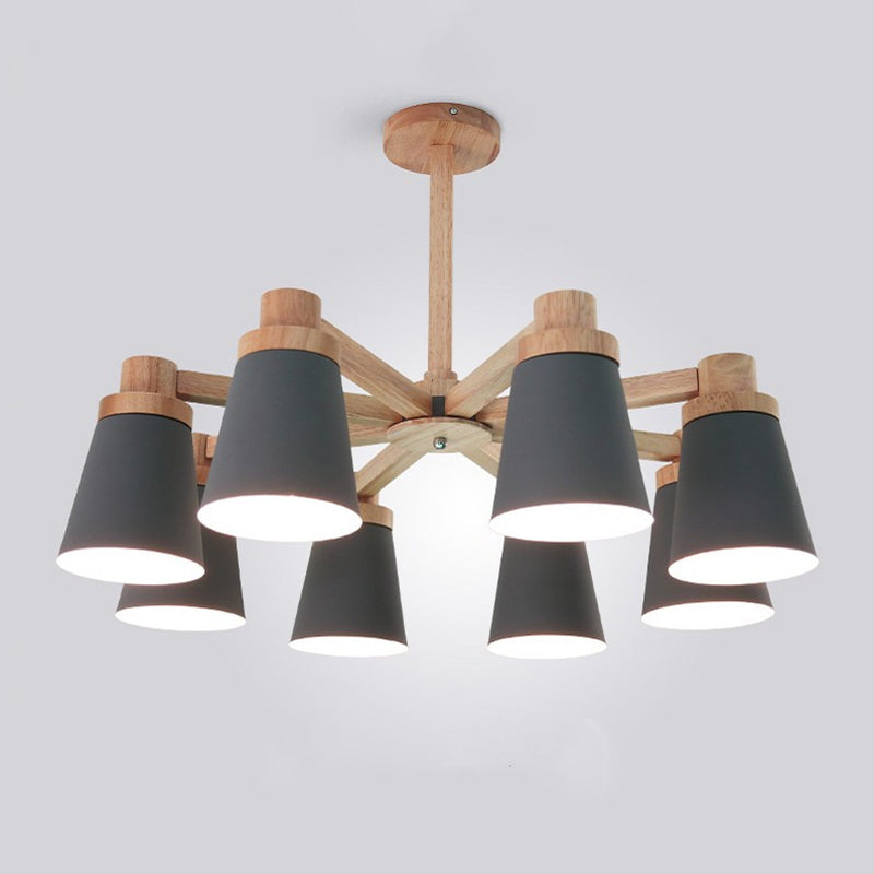 Wood Radial Chandelier Lighting Simplicity 8-Light Pendant Light Kit with Barrel Metal Shade