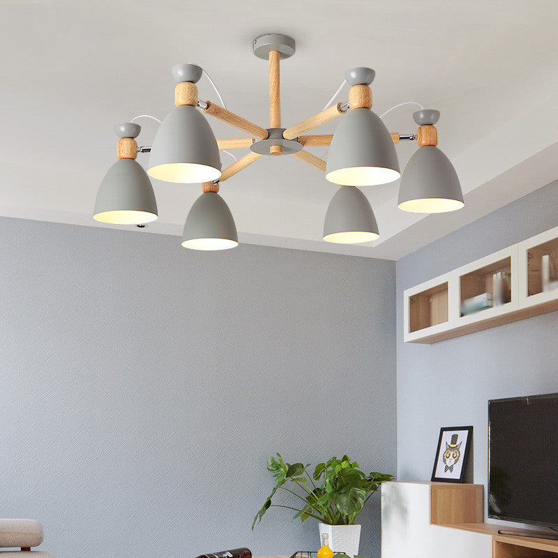 Metal Flared Semi-Flush Mount Contemporary Ceiling Light with Wood Arm for Living Room