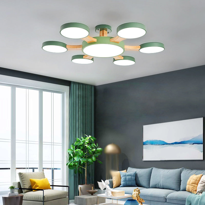 Wood Radial Ceiling Light Contemporary 7 Bulbs Semi Flush Mount Lighting with Round Acrylic Shade