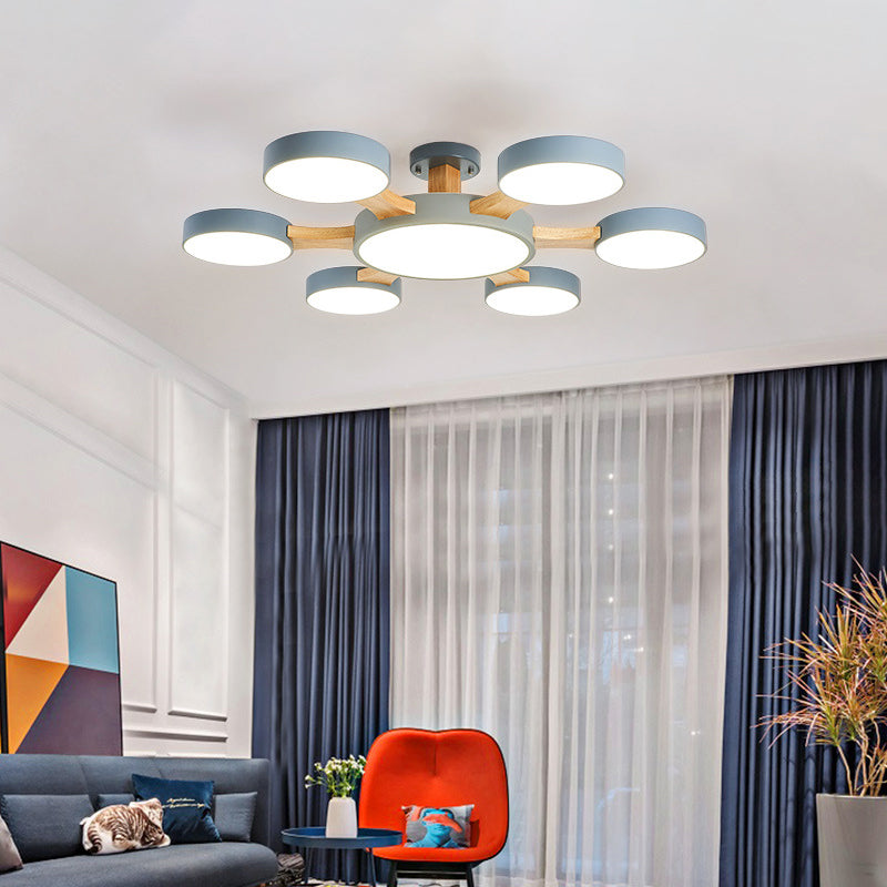 Wood Radial Ceiling Light Contemporary 7 Bulbs Semi Flush Mount Lighting with Round Acrylic Shade