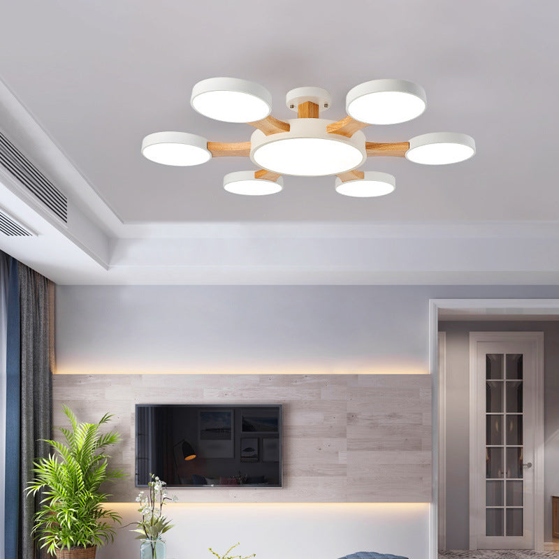 Wood Radial Ceiling Light Contemporary 7 Bulbs Semi Flush Mount Lighting with Round Acrylic Shade