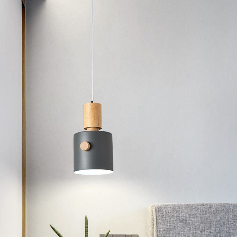 Modern Cylinder Pendant Light Kit Metal 1-Head Dining Room Ceiling Suspension Lamp with Wood Grip