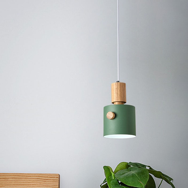 Modern Cylinder Pendant Light Kit Metal 1-Head Dining Room Ceiling Suspension Lamp with Wood Grip