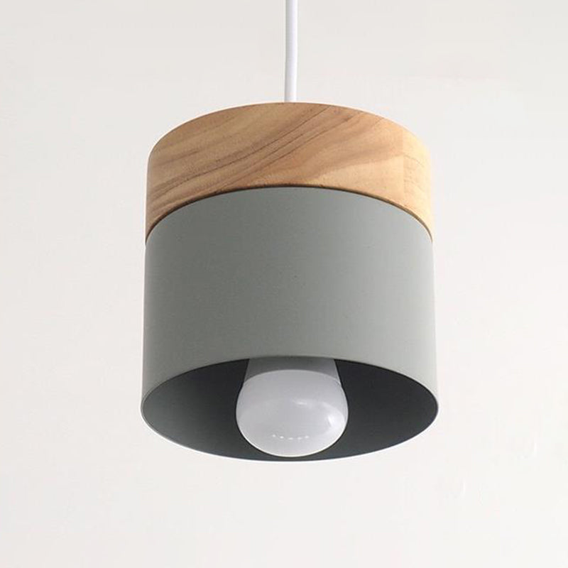 Lampada a cilindro cilindri in metallo semplice illuminazione a 1 bulbina con top in legno per sala da pranzo