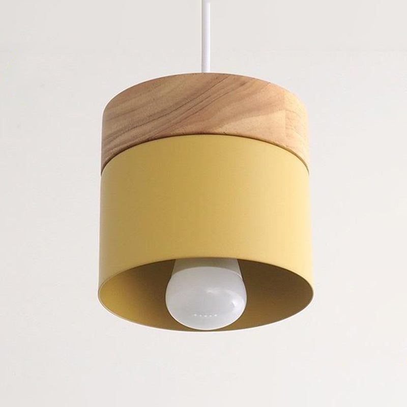 Lampada a cilindro cilindri in metallo semplice illuminazione a 1 bulbina con top in legno per sala da pranzo