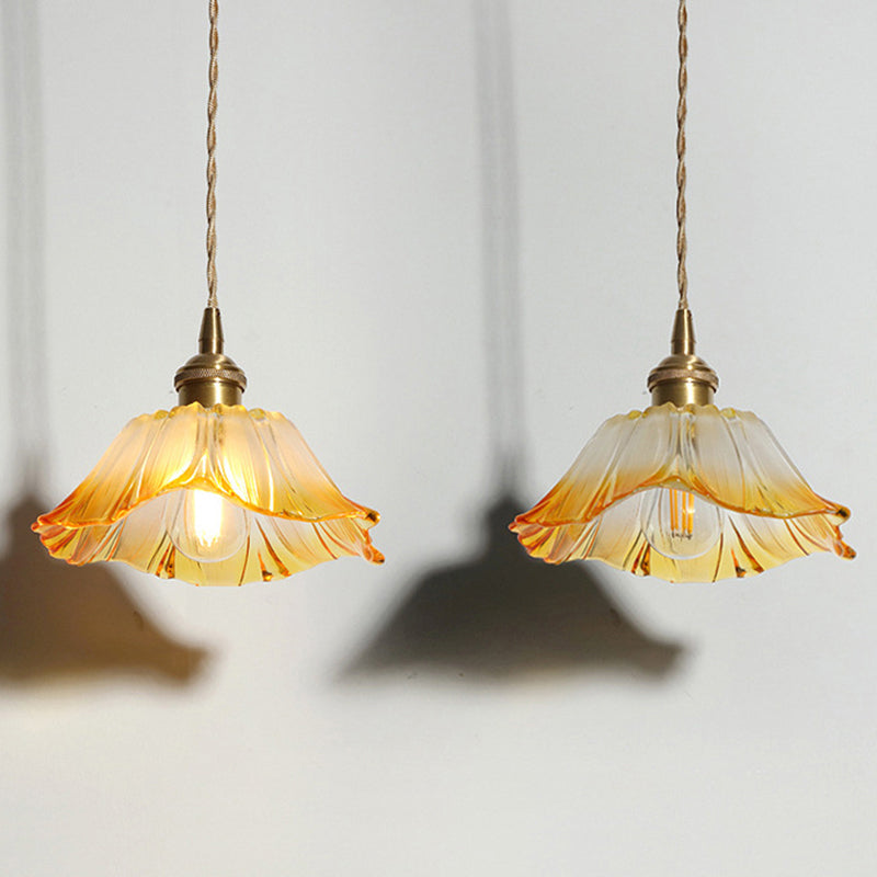 Blüte strukturiertes Glas Anhänger Beleuchtung Industrial 1 Leichtes Wohnzimmer Hanging Deckenleuchte in Messing
