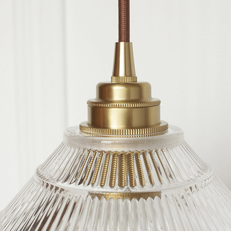 1-Light Clear Ribbed Glass Drop Lamp Industrial Brass Cone Shade Dining Room Ceiling Light