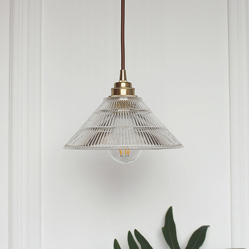 1-Light Clear Ribbed Glass Drop Lamp Industrial Brass Cone Shade Dining Room Ceiling Light