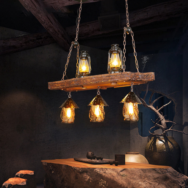 Lámpara de suspensión de restaurantes de linterna de madera de lámpara metálica de lámpara con patrón de hoja