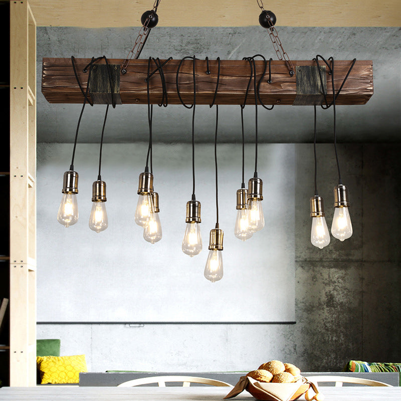 Linear Island Lighting Industrial Gold Finish Wood Pendant Light Fixture with Open Bulb Design