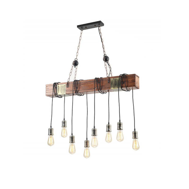 Linear Island Lighting Industrial Gold Finish Wood Pendant Light Fixture with Open Bulb Design