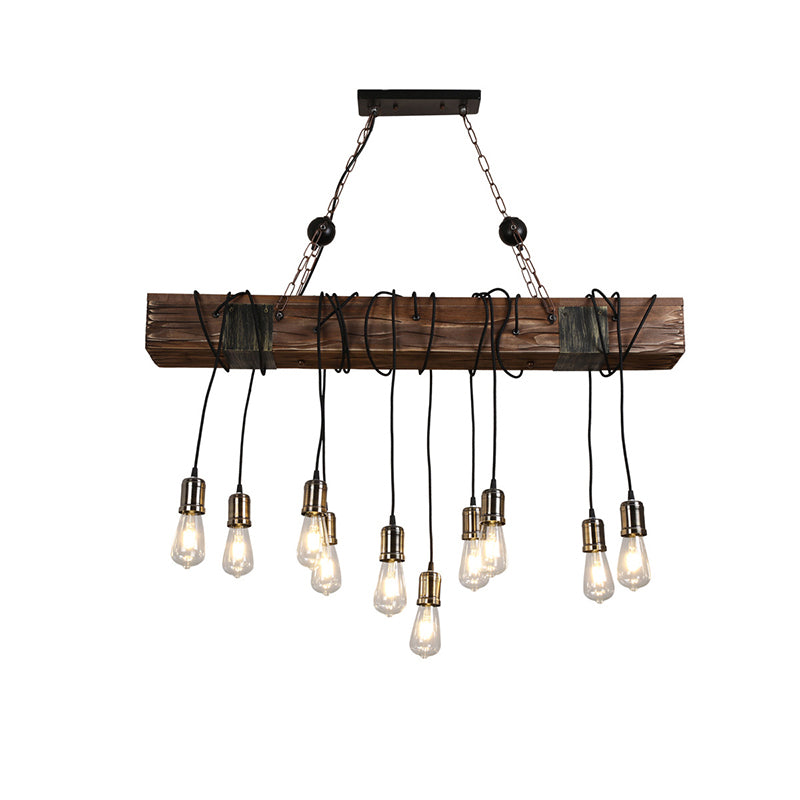 Linear Island Lighting Industrial Gold Finish Wood Pendant Light Fixture with Open Bulb Design