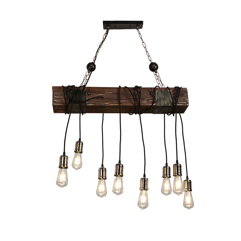 Linear Island Lighting Industrial Gold Finish Wood Pendant Light Fixture with Open Bulb Design