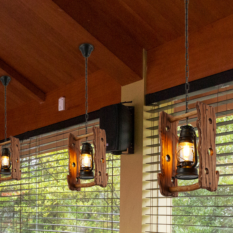 Kerosene Restaurant Pendant Lamp Vintage Clear Glass 1 Head Black Hanging Ceiling Light with Wood Frame