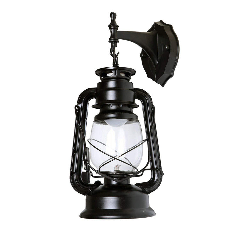 1-Light Wall Lighting Warehouse Dining Room Wall Lamp with Lantern Clear Glass Shade in Black