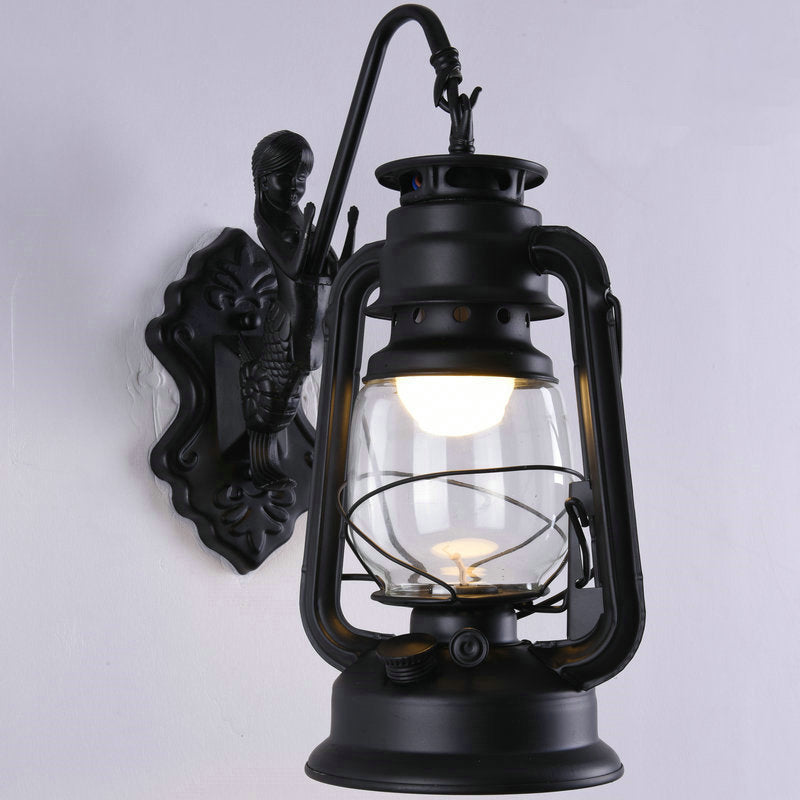 Clear Glass Kerosene Wall Light Fixture Nautical 1 Head Restaurant Wall Sconce with Curved Arm