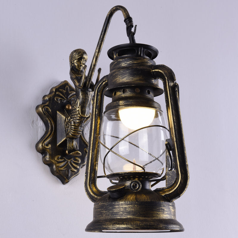 Clear Glass Kerosene Wall Light Fixture Nautical 1 Head Restaurant Wall Sconce with Curved Arm